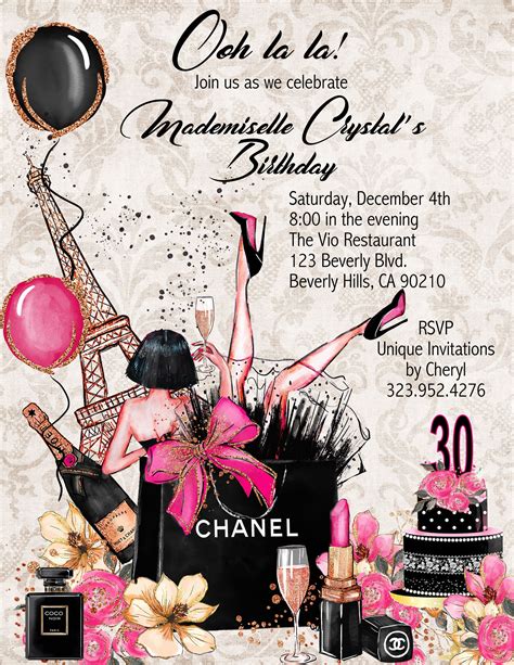 chanel inspired birthday invitations|personalised Chanel invitations.